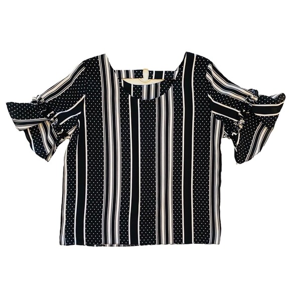 Emilio Pepe Top Women’s Flutter Puff Sleeves Blouse Black White Size Medium - Picture 6 of 10